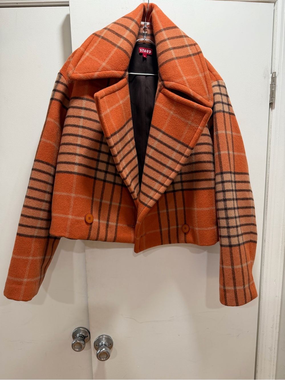 STAUD Orange Plaid Cropped Pea Coat